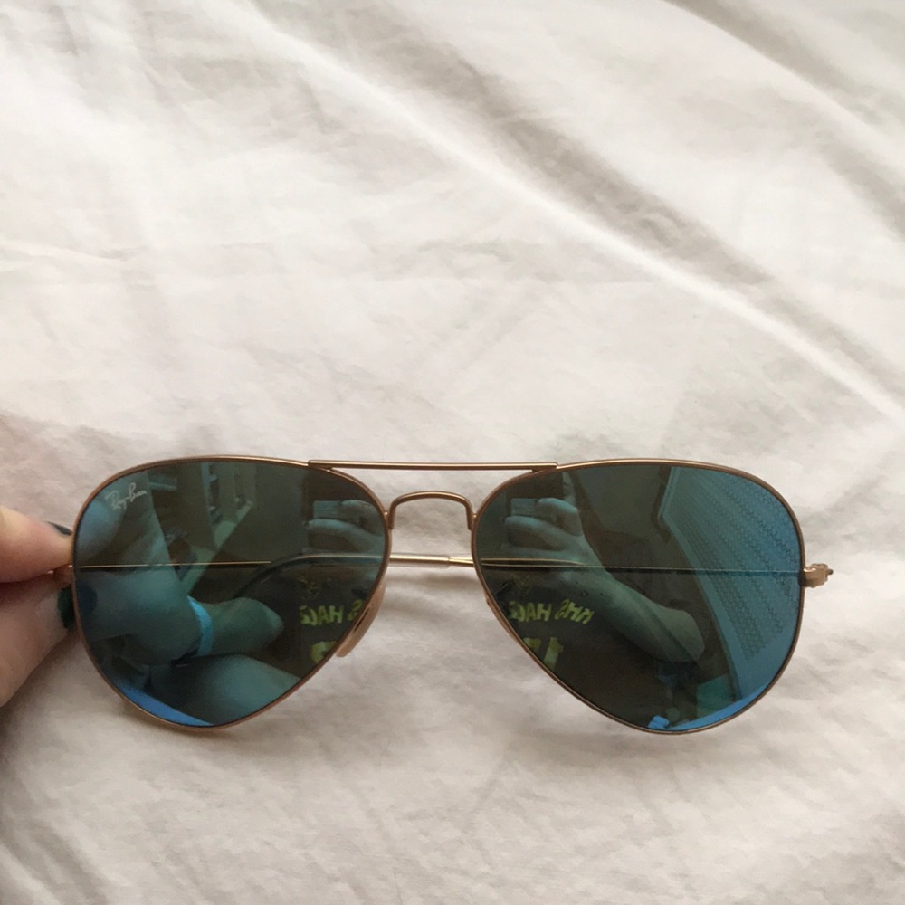Ray ban, gold frames, blue reflective lens